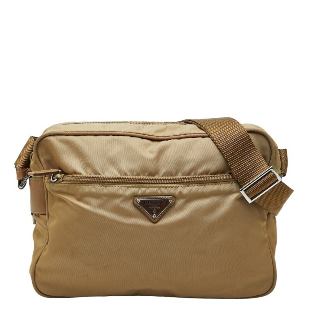 Prada Triangle Plate Shoulder Bag Beige Cream Brown Leather